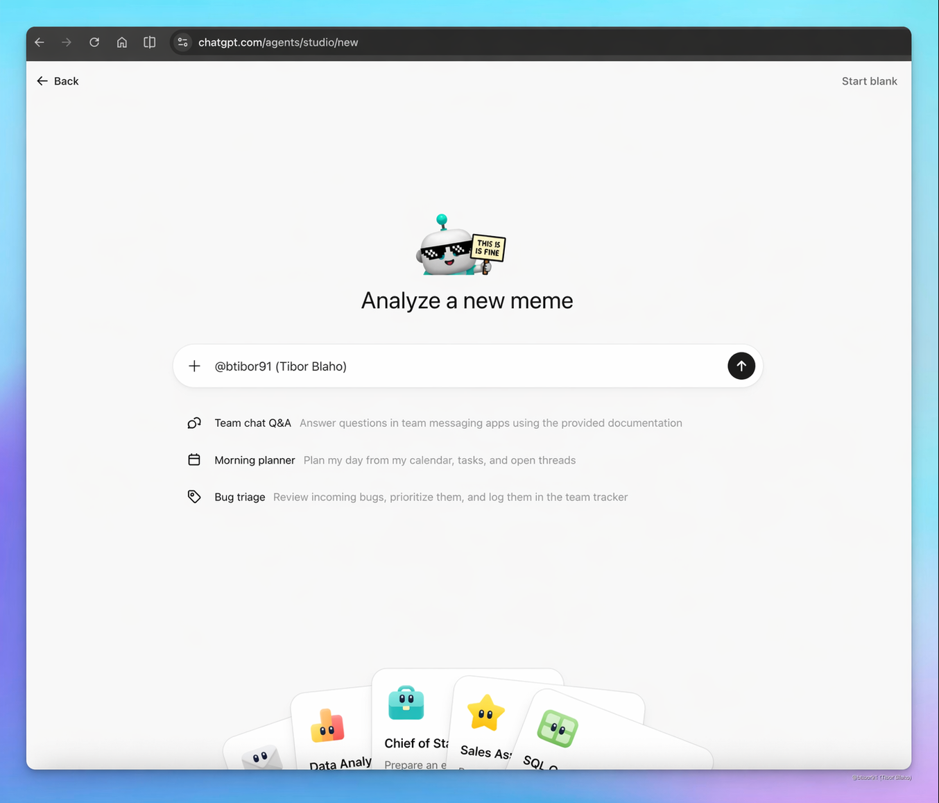 ChatGPT Agent creation screen with Meme Analyzer example