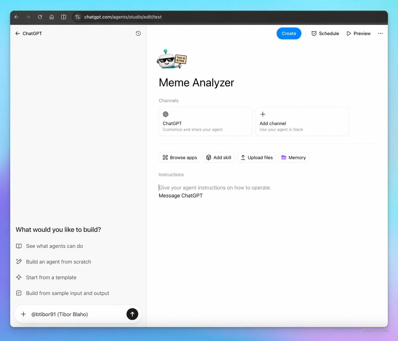 ChatGPT Agent Studio editor showing channels and configuration options